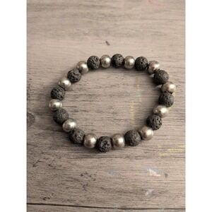 Black Lava Rock and Silver Tone Metallic Bead Stretch Diffuser Bracelet